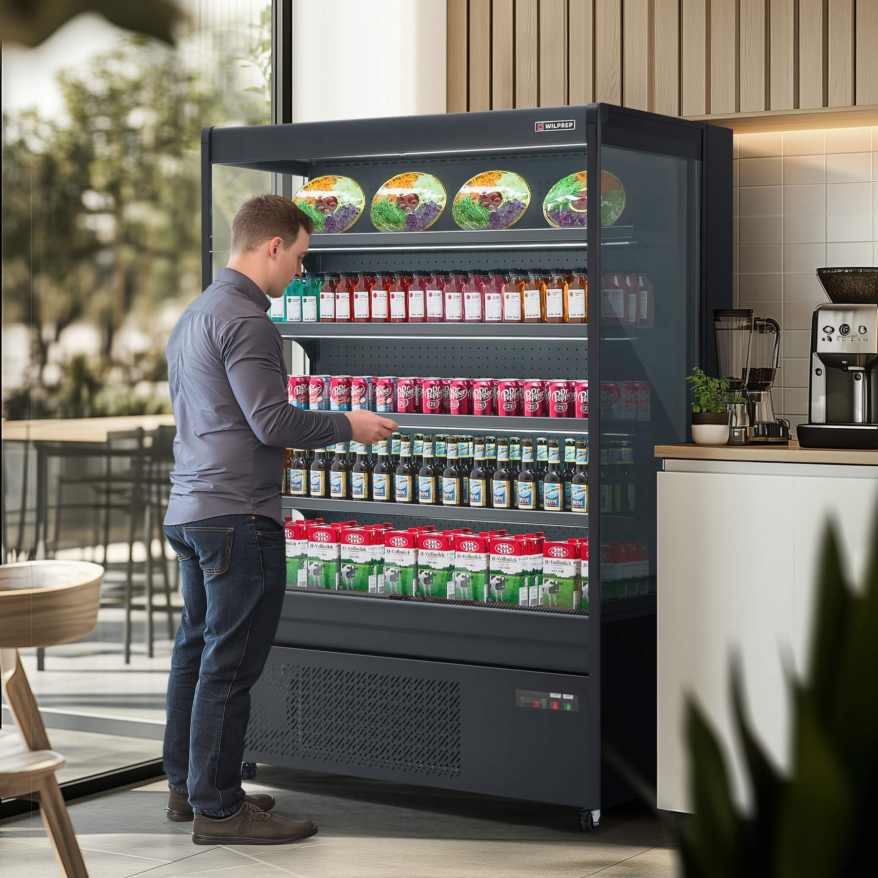 51-inch black vertical air curtain commercial refrigerator with LED control light, adjustable shelves, and UL certification, perfect for cafés, supermarkets, and grocery displays.