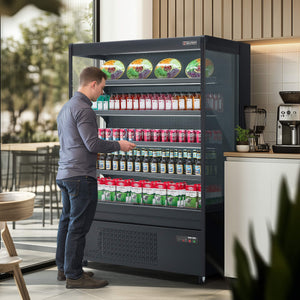 51-inch black vertical air curtain commercial refrigerator with LED control light, adjustable shelves, and UL certification, perfect for cafés, supermarkets, and grocery displays.