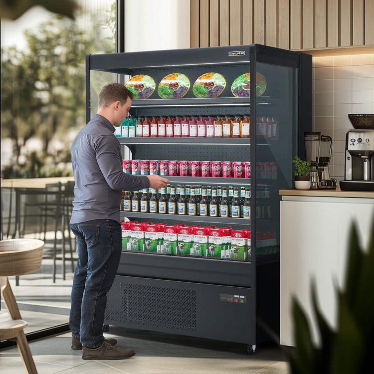 51-inch black vertical air curtain commercial refrigerator with LED control light, adjustable shelves, and UL certification, perfect for cafés, supermarkets, and grocery displays.