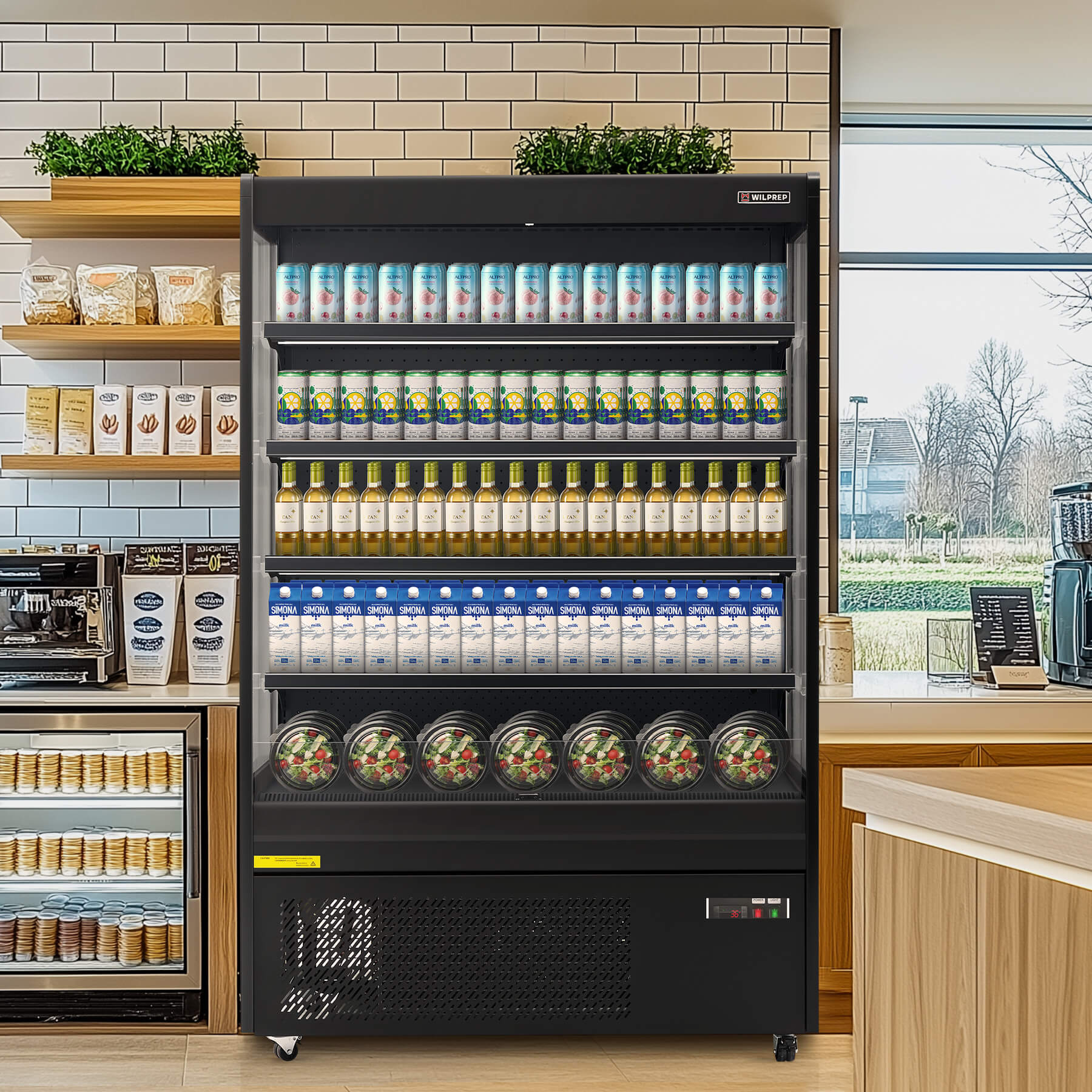 51-inch black vertical air curtain commercial refrigerator with LED control light, adjustable shelves, and UL certification, perfect for cafés, supermarkets, and grocery displays.