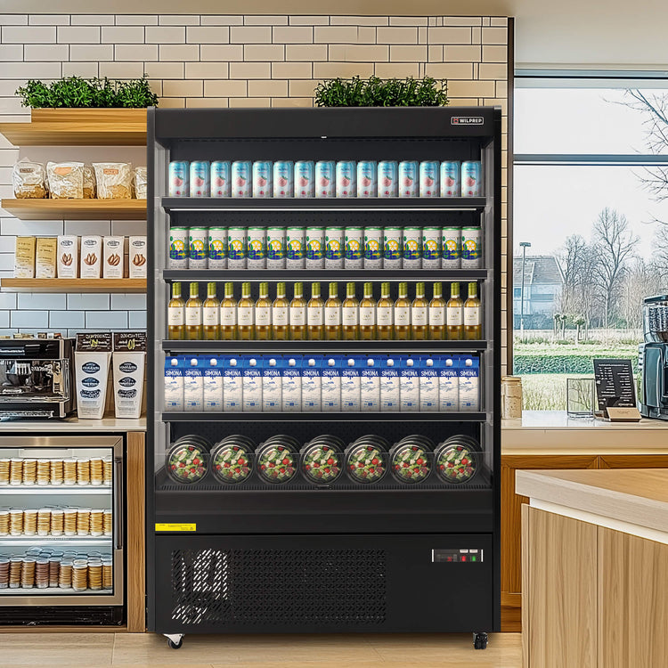 51-inch black vertical air curtain commercial refrigerator with LED control light, adjustable shelves, and UL certification, perfect for cafés, supermarkets, and grocery displays.