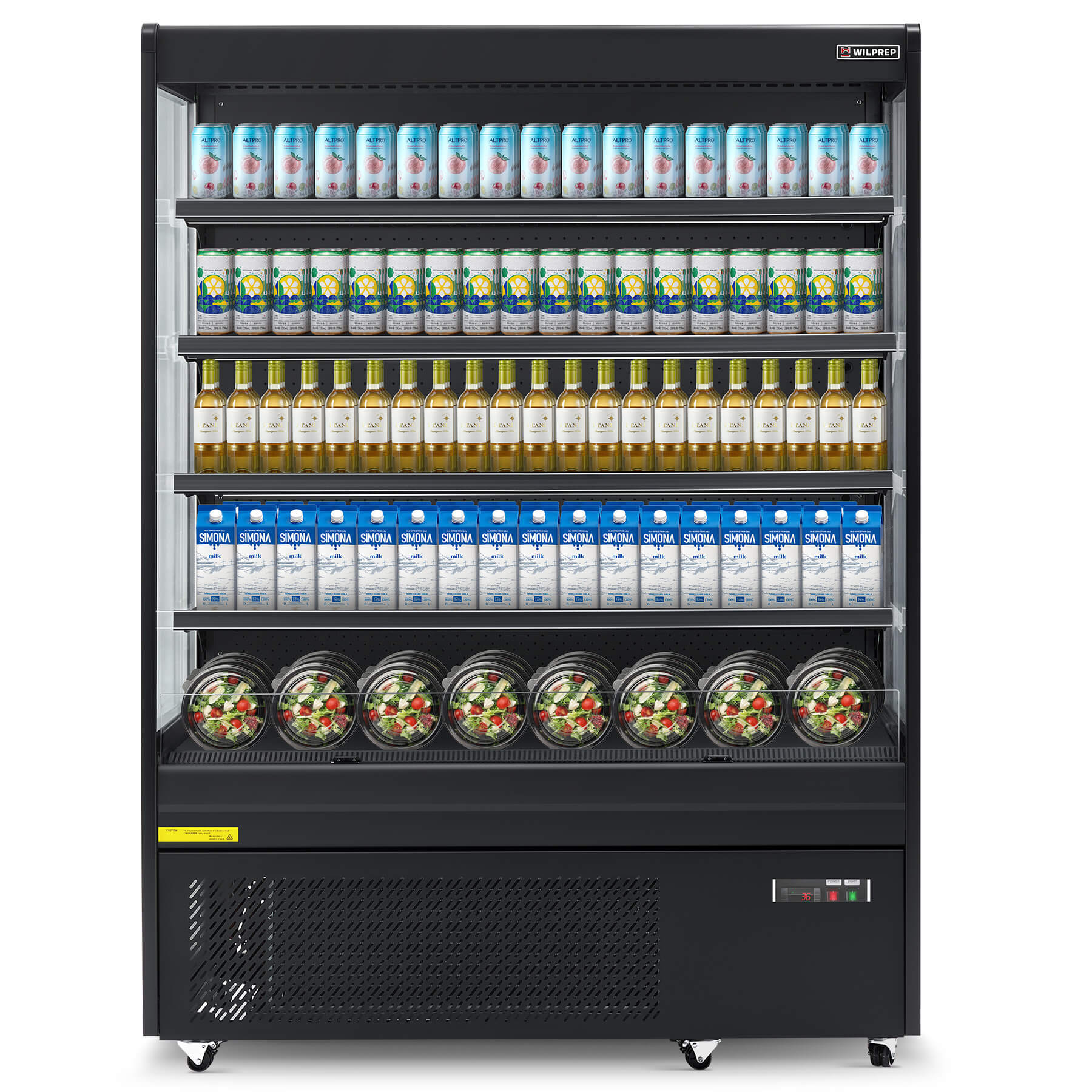 A 59" black vertical air curtain merchandiser with LED-lit shelves displaying bottled beverages and packaged snacks.