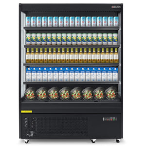 A 59" black vertical air curtain merchandiser with LED-lit shelves displaying bottled beverages and packaged snacks.