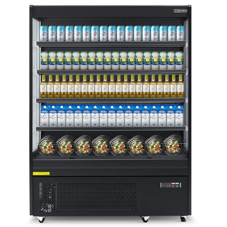 A 59" black vertical air curtain merchandiser with LED-lit shelves displaying bottled beverages and packaged snacks.