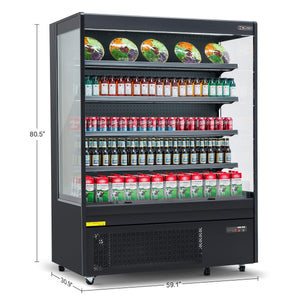 Commercial fridge and display refrigerator with 22.2 cu. ft. volume, LED control lighting, adjustable height shelves, and open-air front design ideal for supermarkets, bakeries, or cafés.