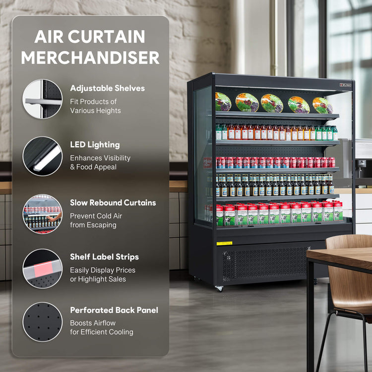 Versatile black commercial refrigerator with air curtain design, LED control light, and adjustable shelves, perfect as a UL refrigerator or professional display fridge for beverages and food.