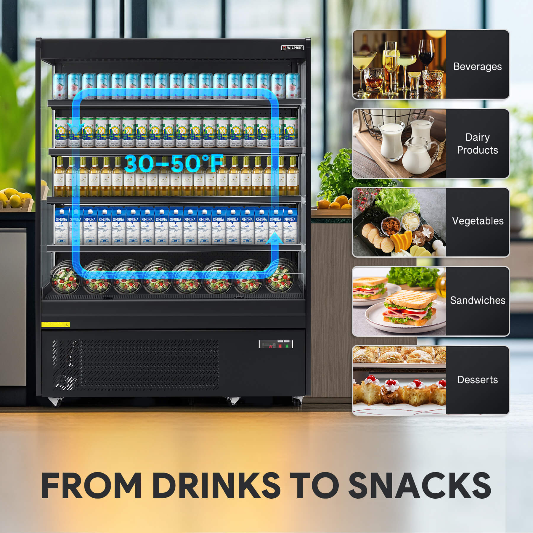 Professional refrigerator and commercial fridge with 22.2 cu. ft. capacity, featuring LED lighting control, height-adjustable shelving, and open-air cooling for flexible display setups.