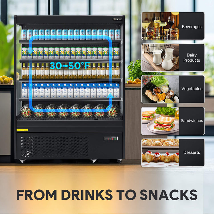 Professional refrigerator and commercial fridge with 22.2 cu. ft. capacity, featuring LED lighting control, height-adjustable shelving, and open-air cooling for flexible display setups.