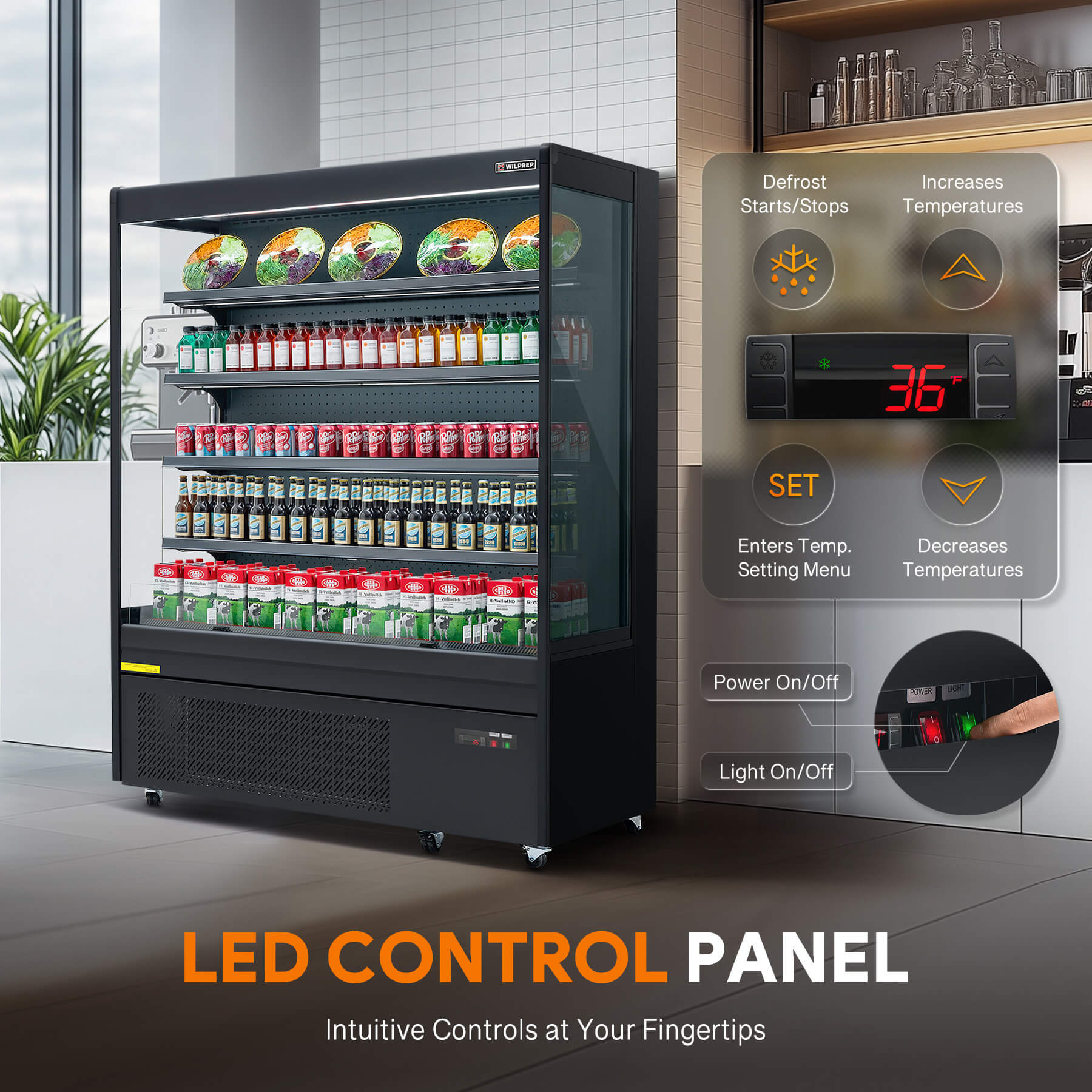 Commercial fridge and display refrigerator with 22.2 cu. ft. volume, LED control lighting, adjustable height shelves, and open-air front design ideal for supermarkets, bakeries, or cafés.