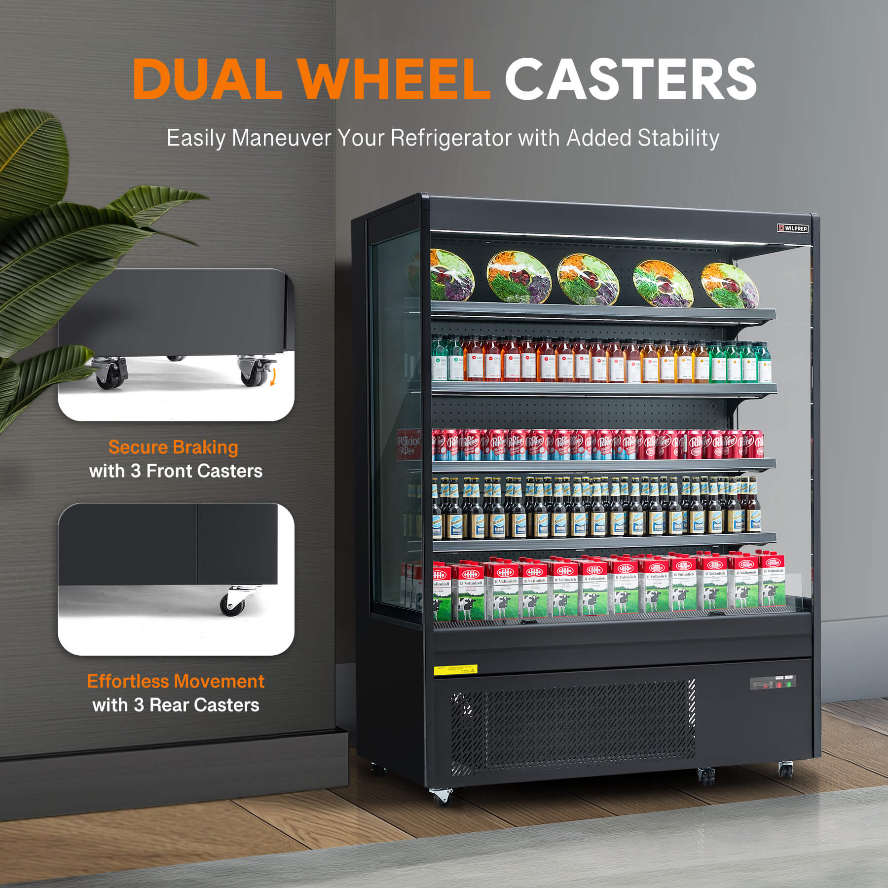 Versatile black commercial refrigerator with air curtain design, LED control light, and adjustable shelves, perfect as a UL refrigerator or professional display fridge for beverages and food.