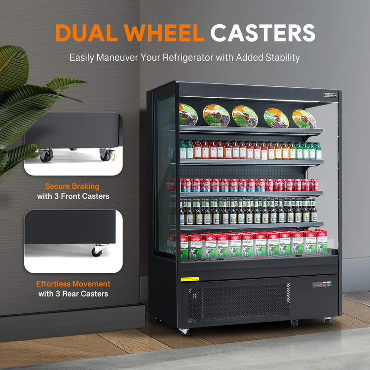 Versatile black commercial refrigerator with air curtain design, LED control light, and adjustable shelves, perfect as a UL refrigerator or professional display fridge for beverages and food.