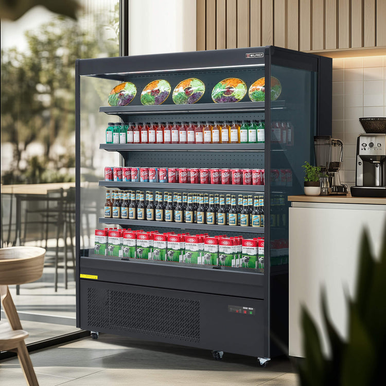 Professional refrigerator and commercial fridge with 22.2 cu. ft. capacity, featuring LED lighting control, height-adjustable shelving, and open-air cooling for flexible display setups.