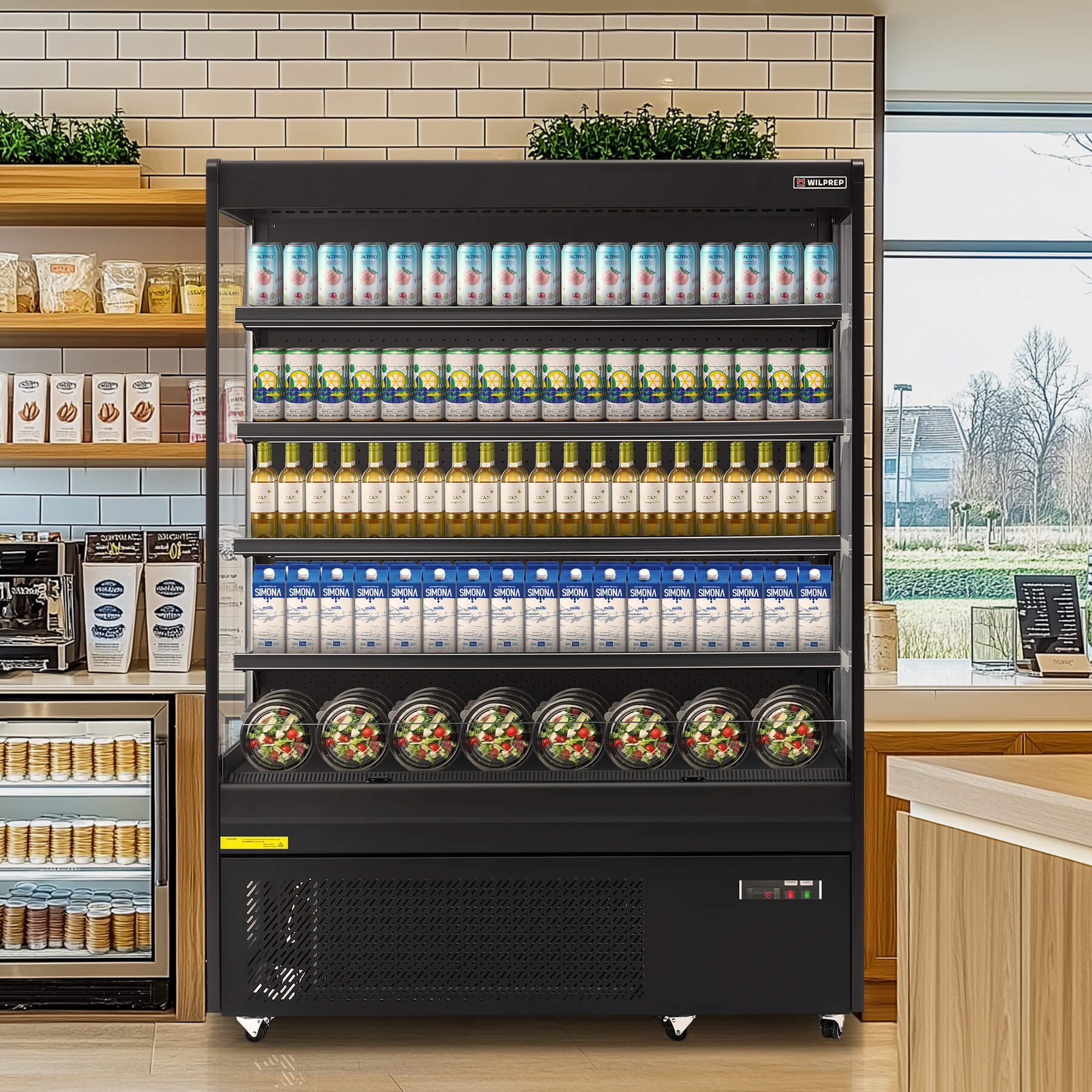 59-inch black vertical air curtain commercial refrigerator with LED control light and adjustable shelves, a versatile UL refrigerator ideal for retail, café, and grocery display use