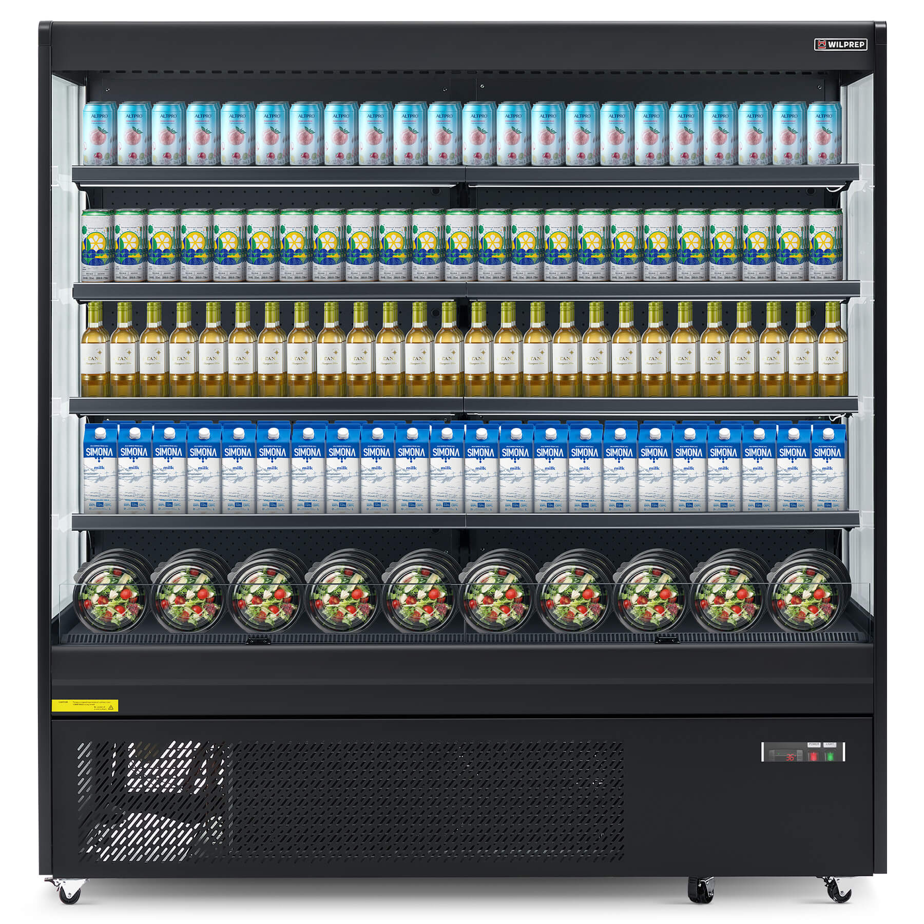 Energy-efficient vertical air curtain commercial refrigerator with LED lighting and adjustable shelves