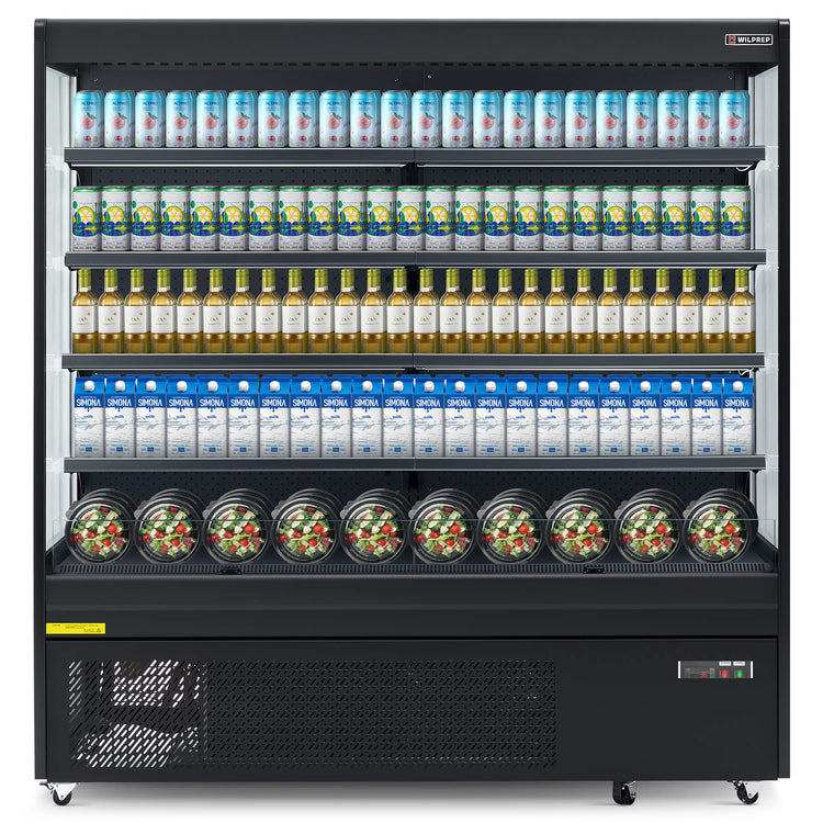 Energy-efficient vertical air curtain commercial refrigerator with LED lighting and adjustable shelves