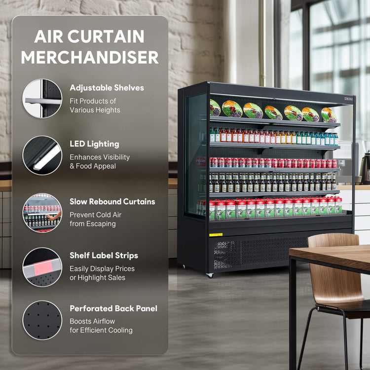 76-inch black vertical air curtain commercial refrigerator for displaying beverages and dairy products