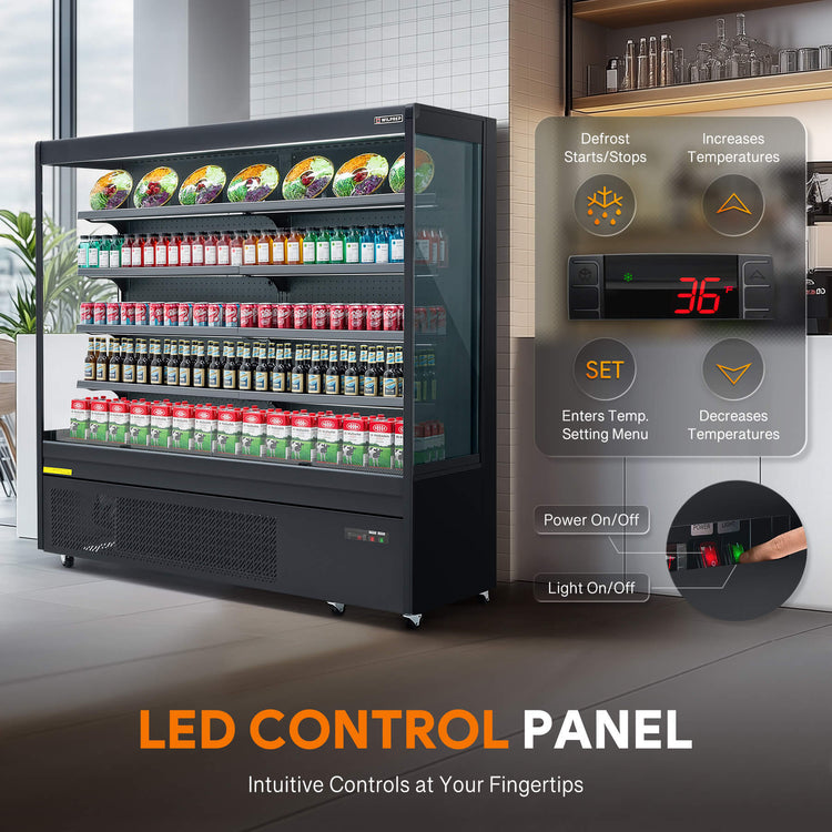 Energy-efficient vertical air curtain commercial refrigerator with LED lighting and adjustable shelves