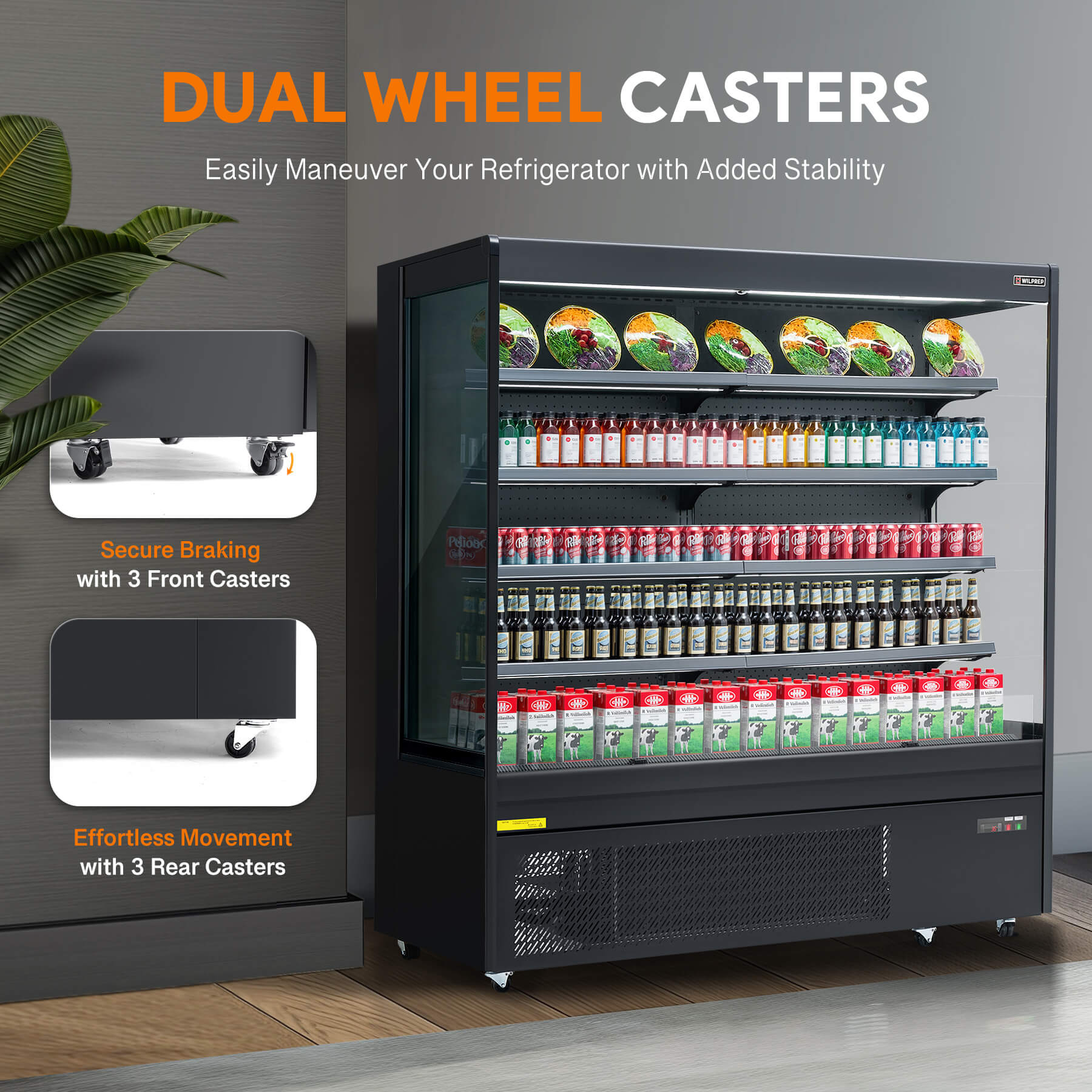 Energy-efficient vertical air curtain commercial refrigerator with LED lighting and adjustable shelves