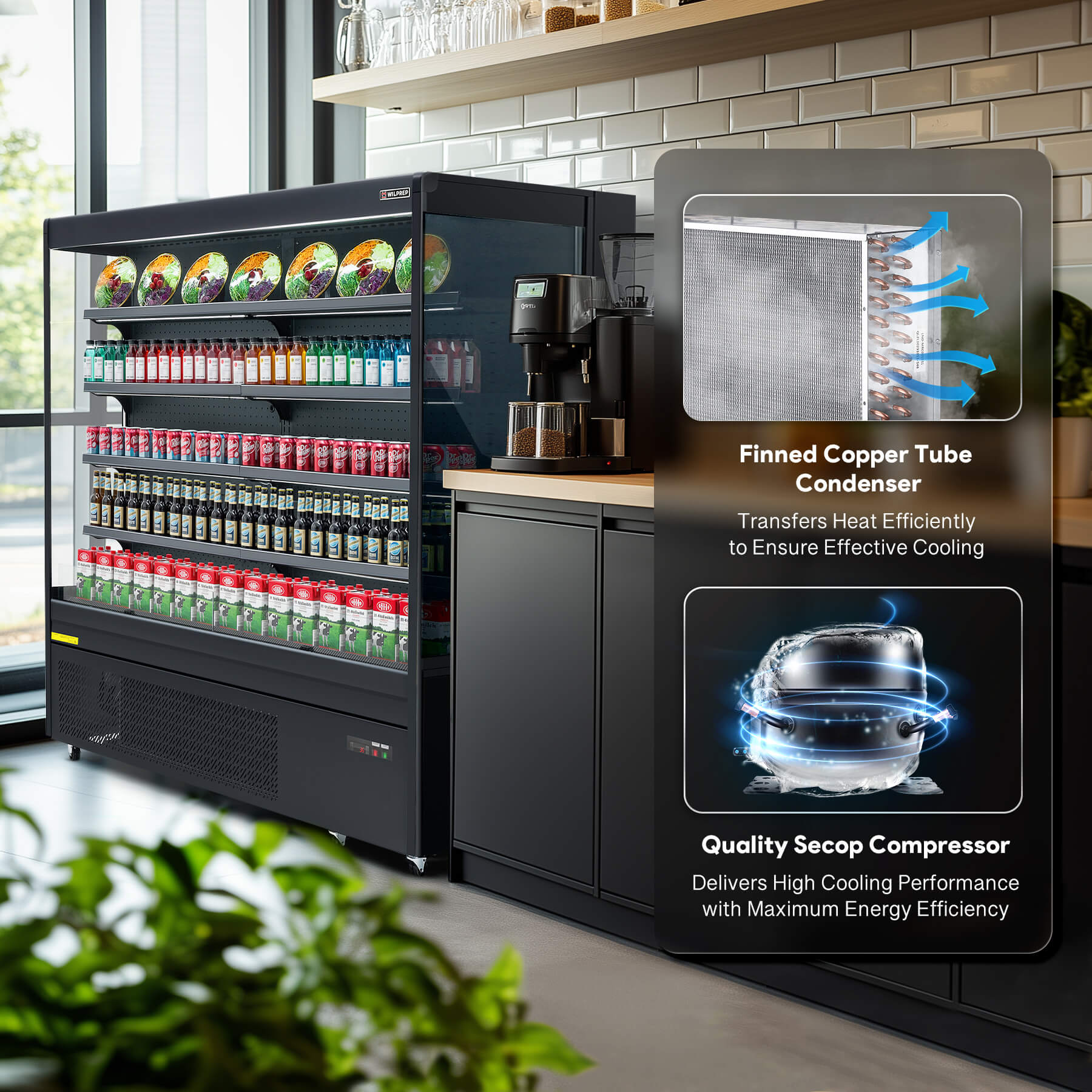 Energy-efficient vertical air curtain commercial refrigerator with LED lighting and adjustable shelves