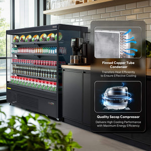 Energy-efficient vertical air curtain commercial refrigerator with LED lighting and adjustable shelves