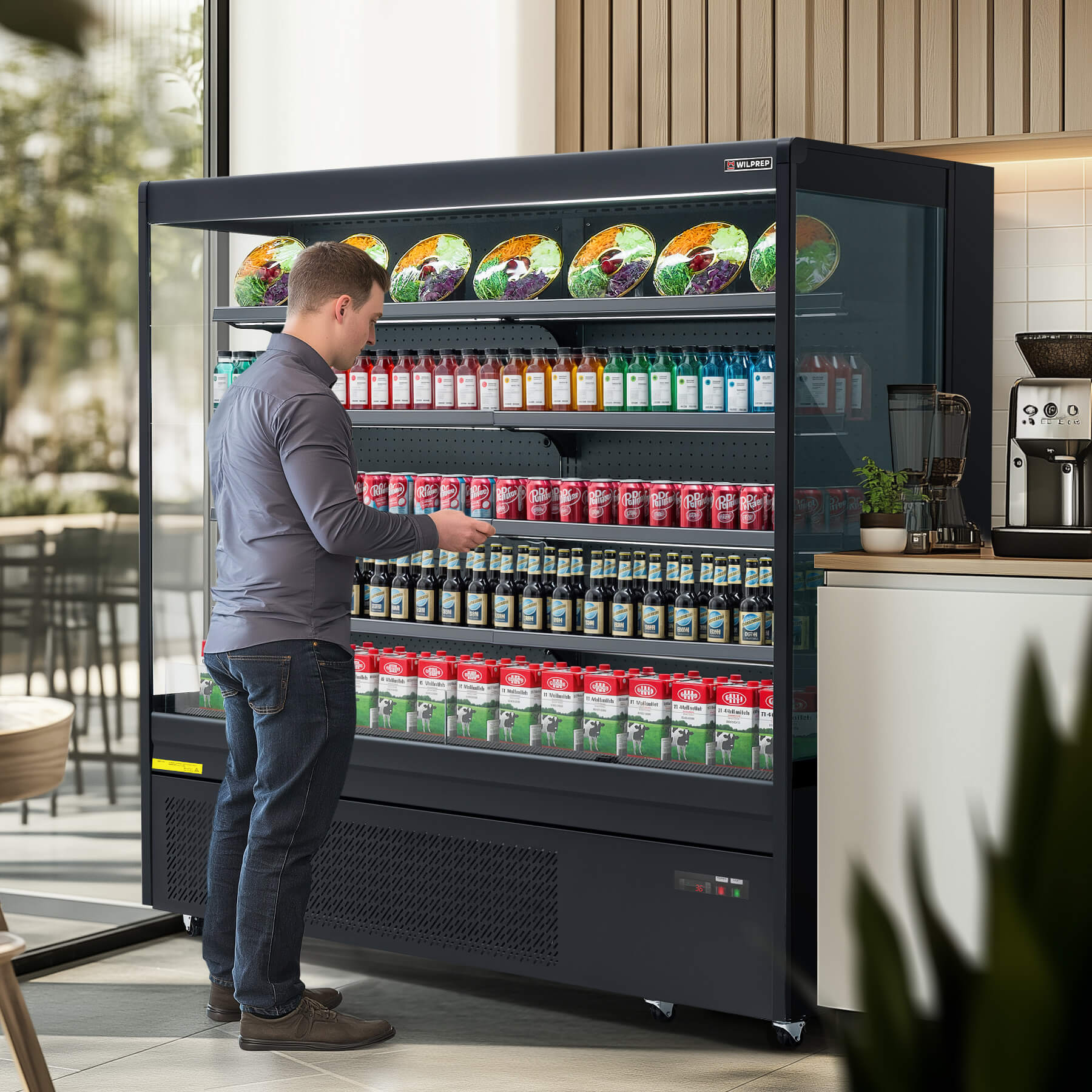 Professional black air curtain refrigerator with open front design for supermarkets and convenience stores