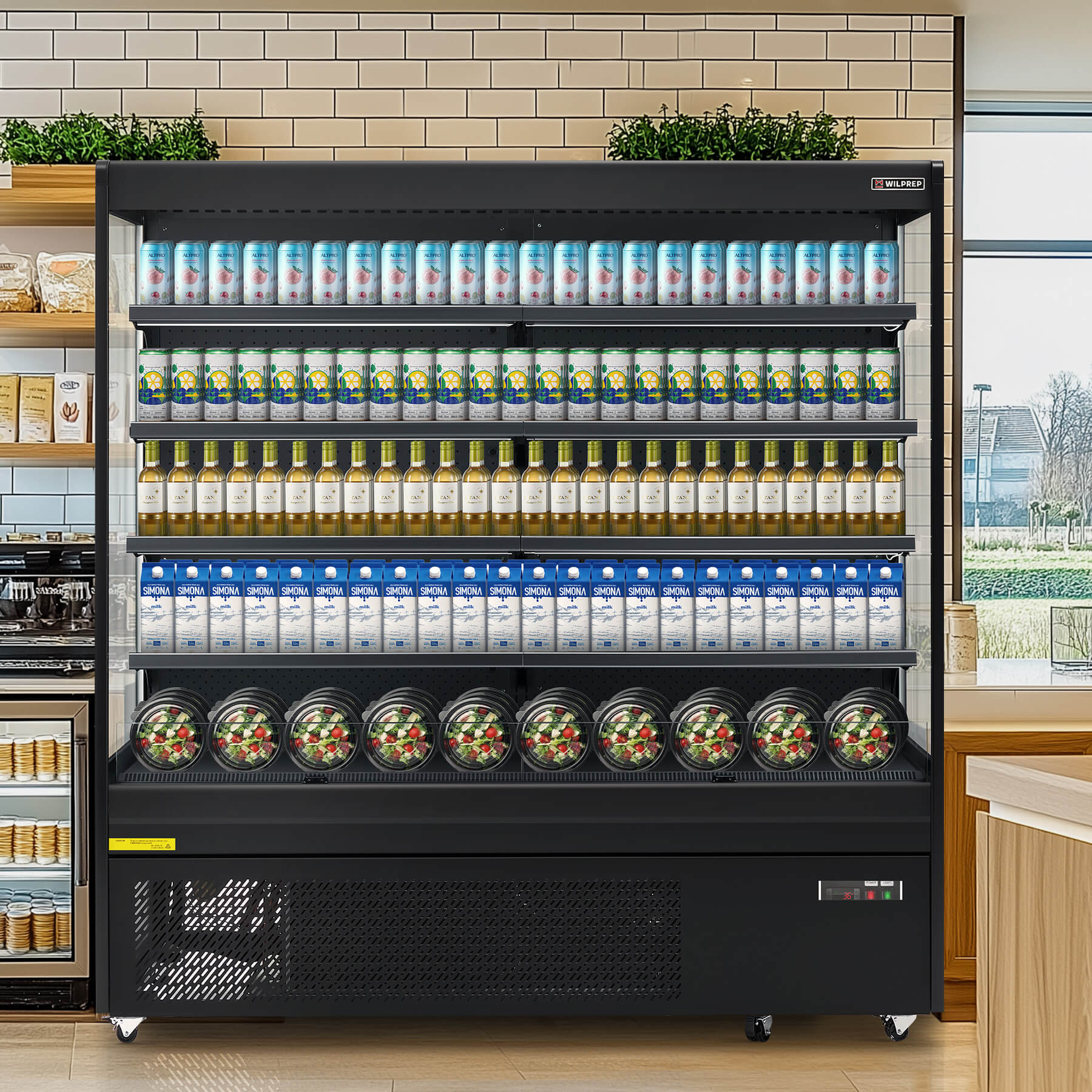 76-inch black vertical air curtain commercial refrigerator for displaying beverages and dairy products