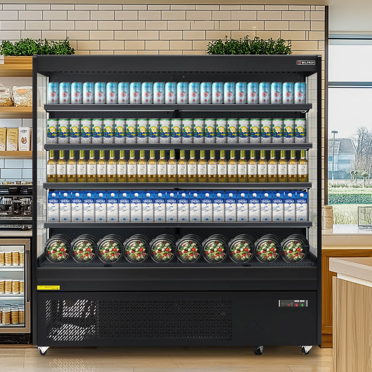 76-inch black vertical air curtain commercial refrigerator for displaying beverages and dairy products