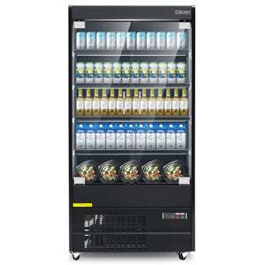 A 39" black three sided glass display refrigerator filled with canned beverages and snacks, featuring LED lighting and adjustable shelves.