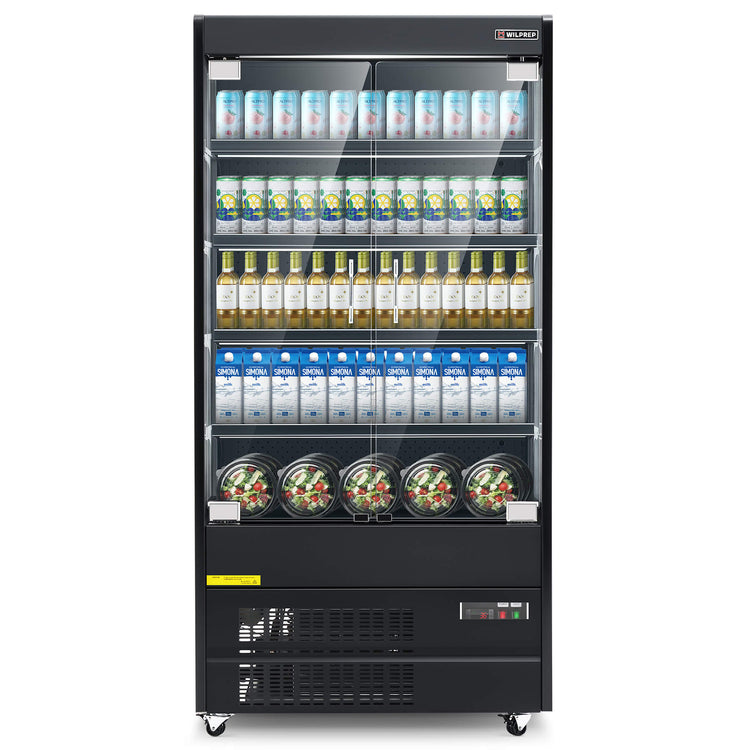 A 39" black three sided glass display refrigerator filled with canned beverages and snacks, featuring LED lighting and adjustable shelves.