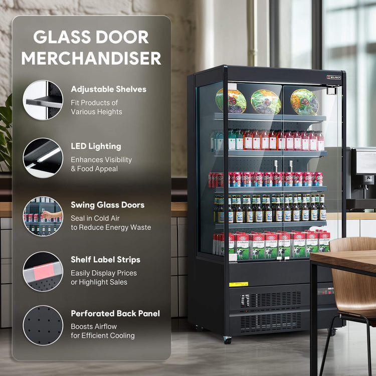 Glass door display fridge with adjustable shelves, LED lighting, swing doors, and perforated back panel for better airflow.