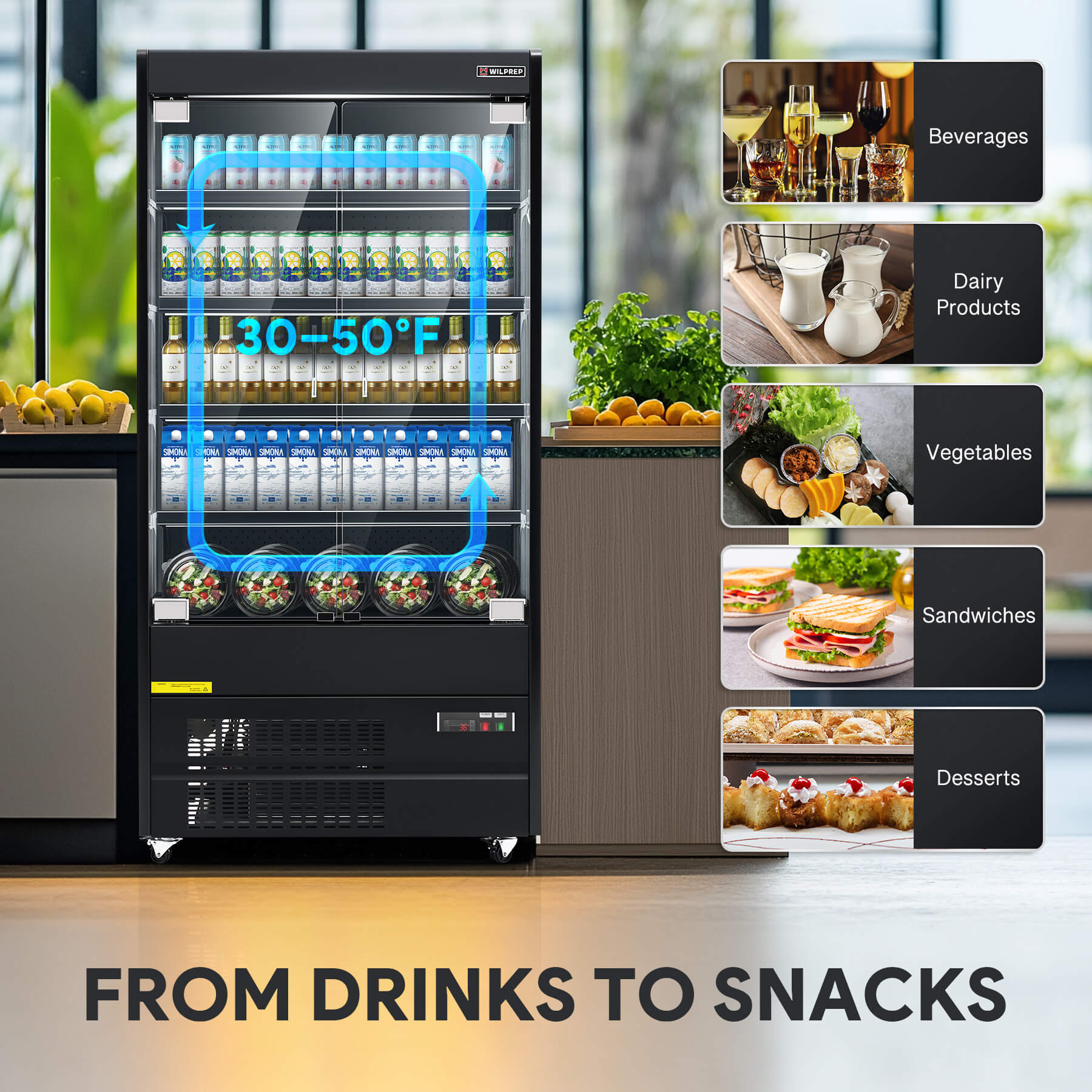 Multi-purpose glass display refrigerator for drinks, dairy, vegetables, and desserts.