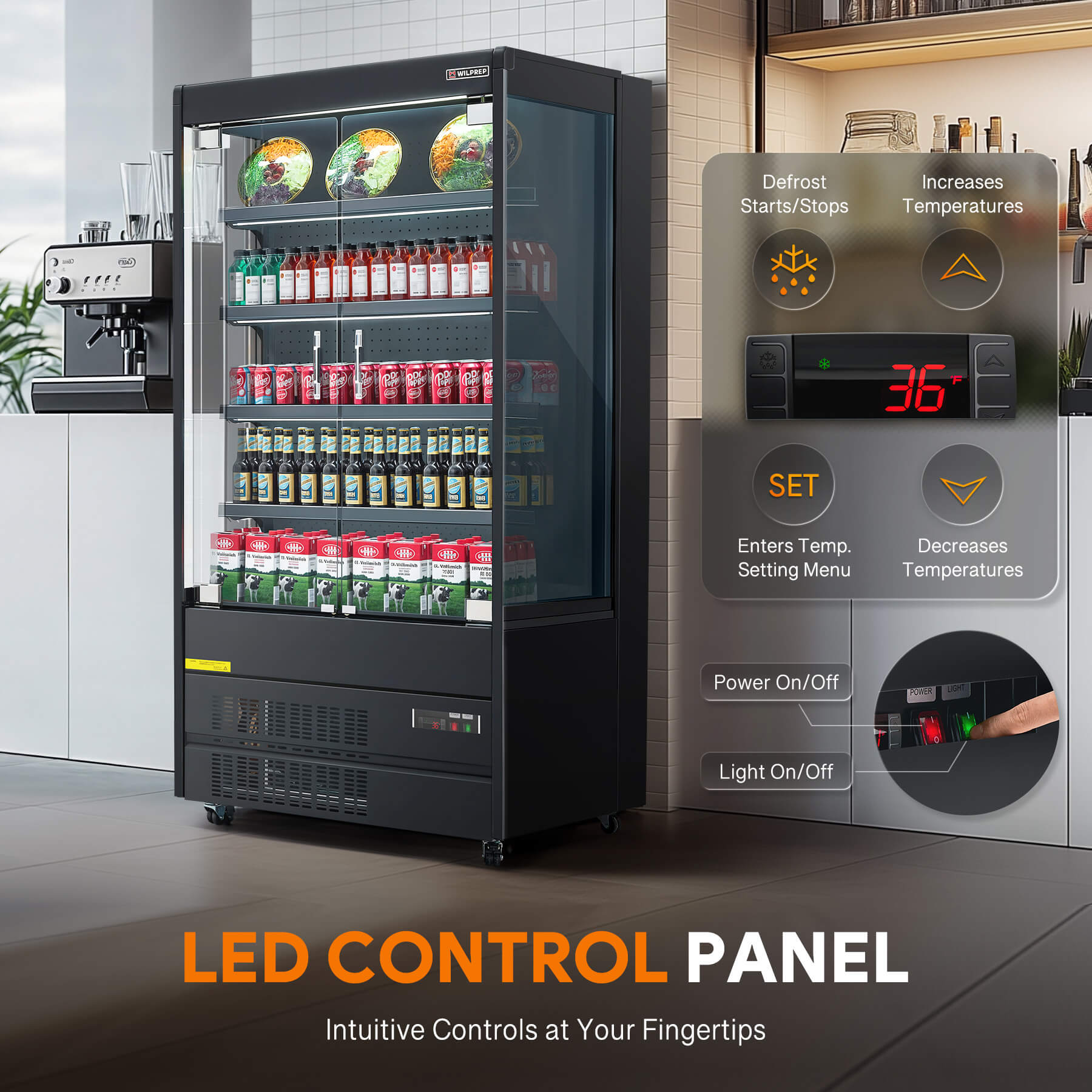 LED control panel with intuitive, easy-to-use settings for display refrigerator.