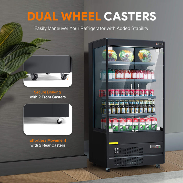 Dual wheel casters with secure front brakes and smooth rear movement for easy refrigerator mobility.