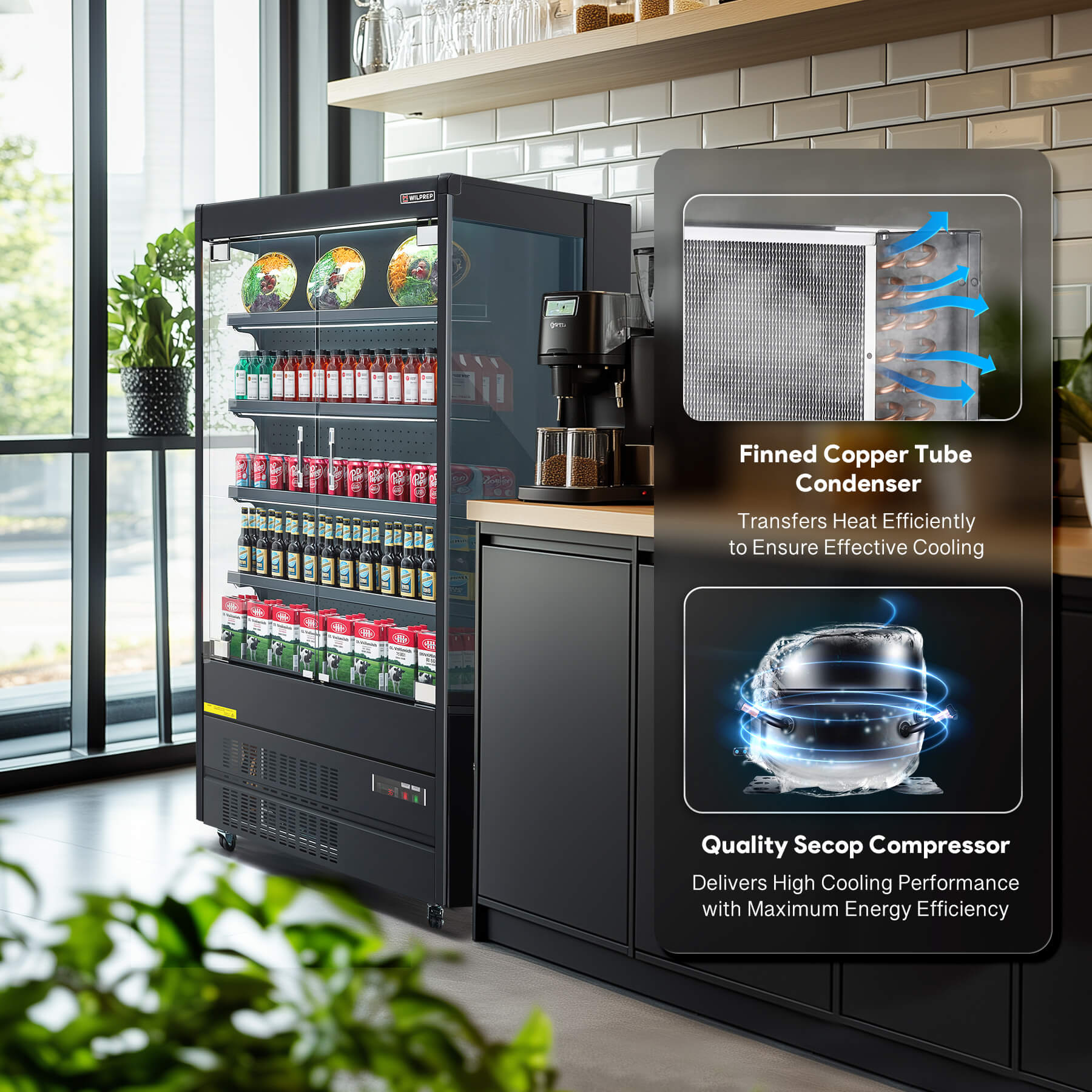 Efficient cooling system with finned copper tube condenser and Secop compressor on black glass display refrigerator.