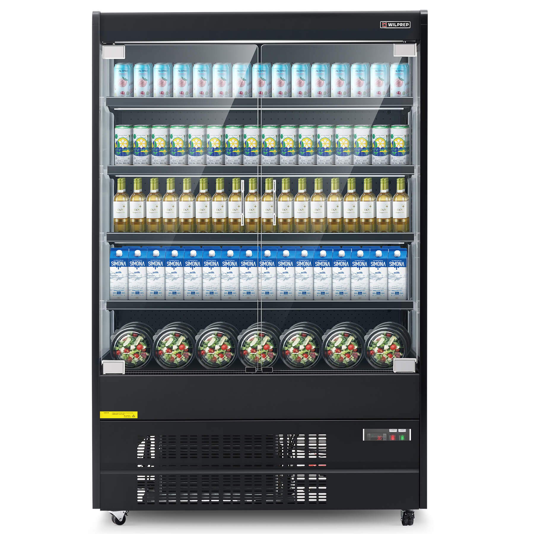 A 51" black three-sided glass display refrigerator filled with bottles on shelves, equipped with digital controls at the bottom.