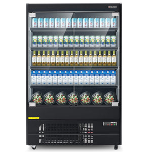 A 51" black three-sided glass display refrigerator filled with bottles on shelves, equipped with digital controls at the bottom.