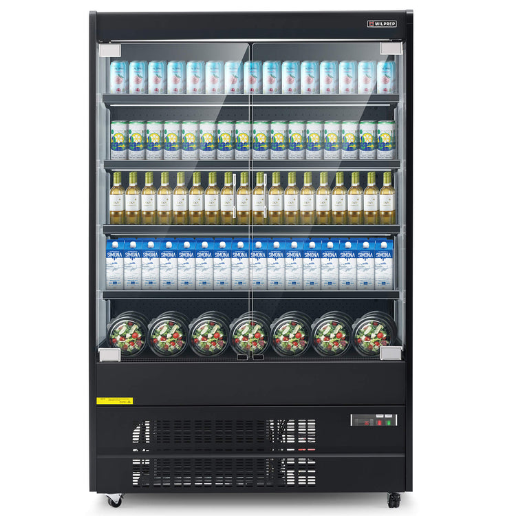 A 51" black three-sided glass display refrigerator filled with bottles on shelves, equipped with digital controls at the bottom.