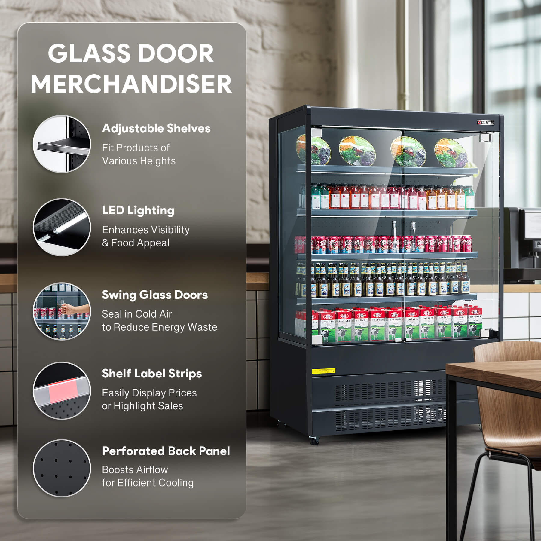 Glass door merchandiser refrigerator with adjustable shelves, LED lighting, swing glass doors for cold air sealing, shelf label strips, and perforated back panel for efficient cooling.