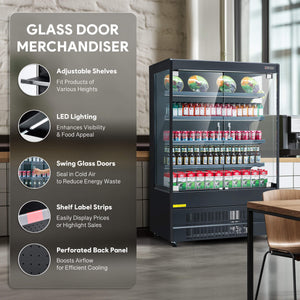 Glass door merchandiser refrigerator with adjustable shelves, LED lighting, swing glass doors for cold air sealing, shelf label strips, and perforated back panel for efficient cooling.