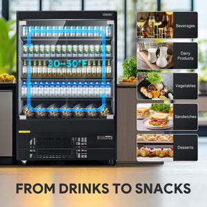 51-inch black three-sided glass display refrigerator showcasing versatile storage for beverages, dairy products, vegetables, sandwiches, and desserts.