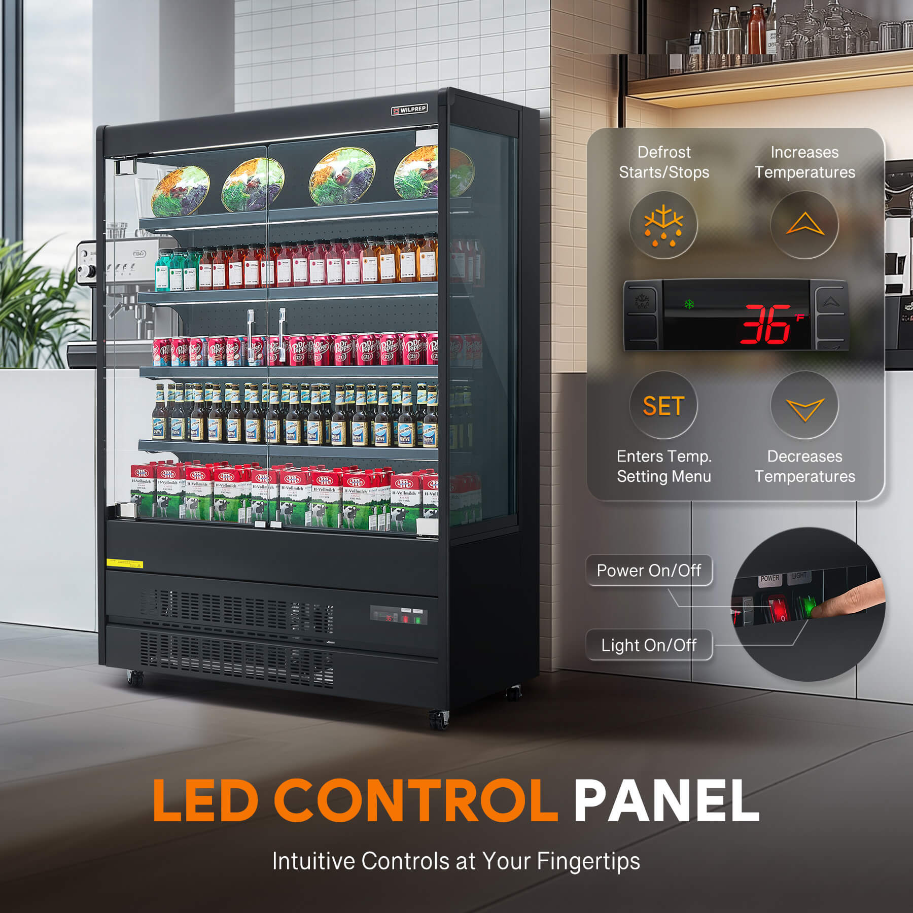 LED control panel with intuitive, easy-to-use settings for display refrigerator.