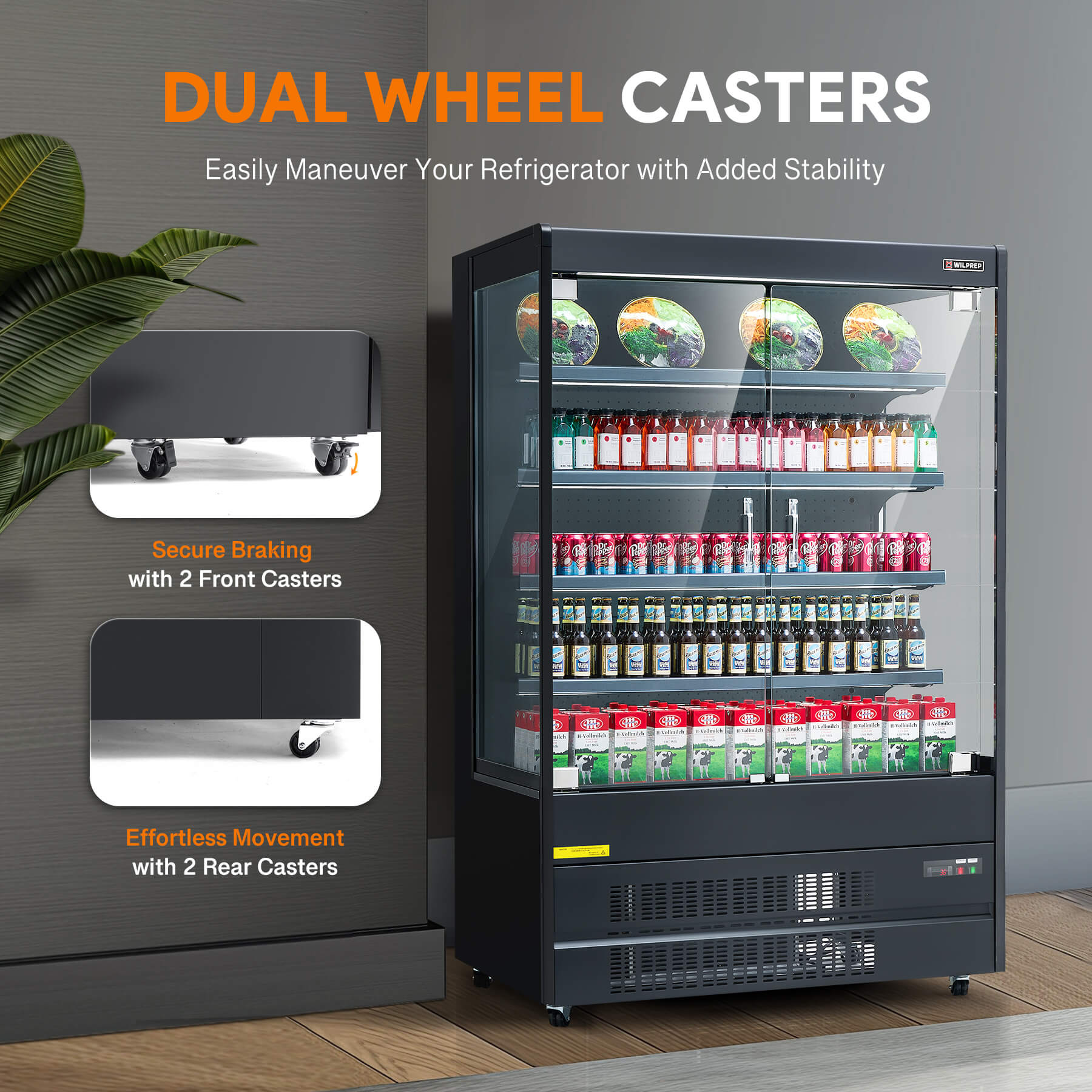 Dual wheel casters with secure front brakes and smooth rear movement for easy refrigerator mobility.