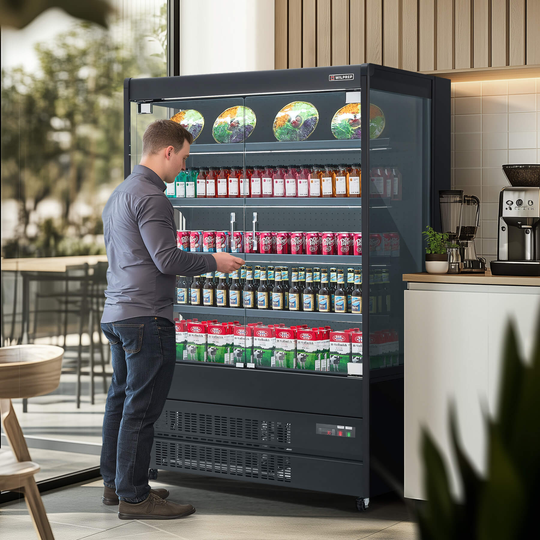 Multi-purpose glass display refrigerator for drinks, dairy, vegetables, and desserts.