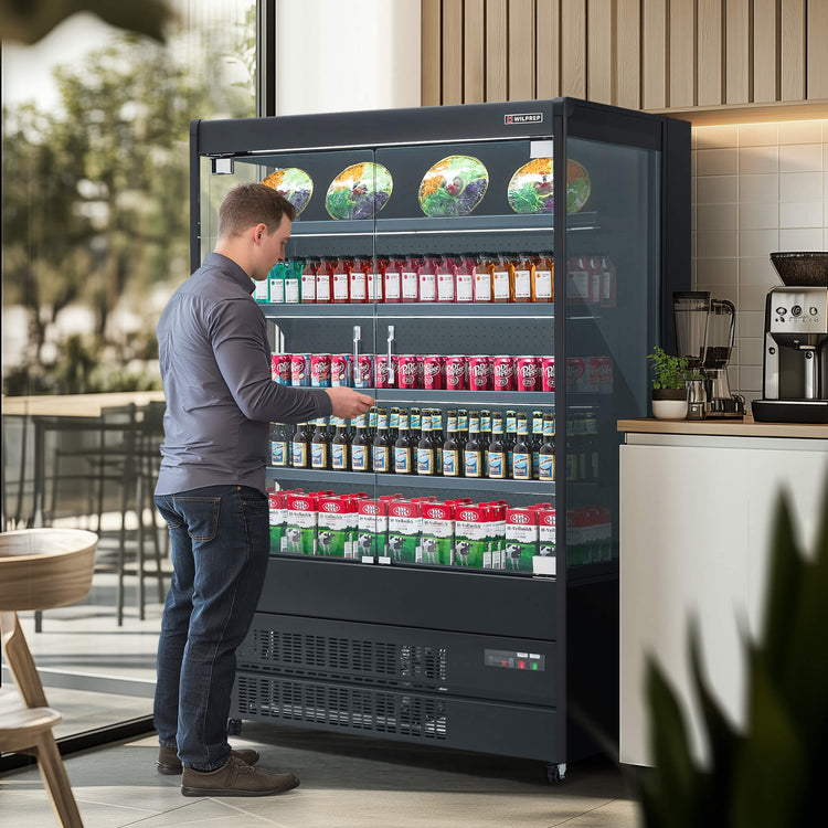 Multi-purpose glass display refrigerator for drinks, dairy, vegetables, and desserts.