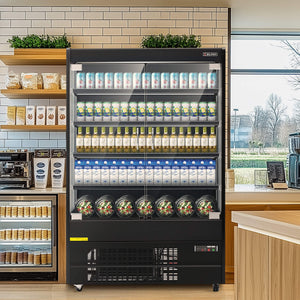 A 51" black three-sided glass display refrigerator