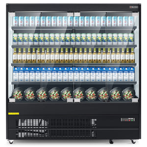 A black 3 sided glass display refrigerator filled with beverages, showcasing LED-lit shelves and digital temperature controls.