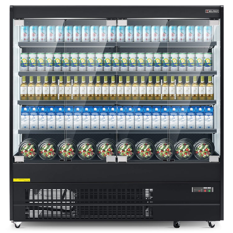 A black 3 sided glass display refrigerator filled with beverages, showcasing LED-lit shelves and digital temperature controls.