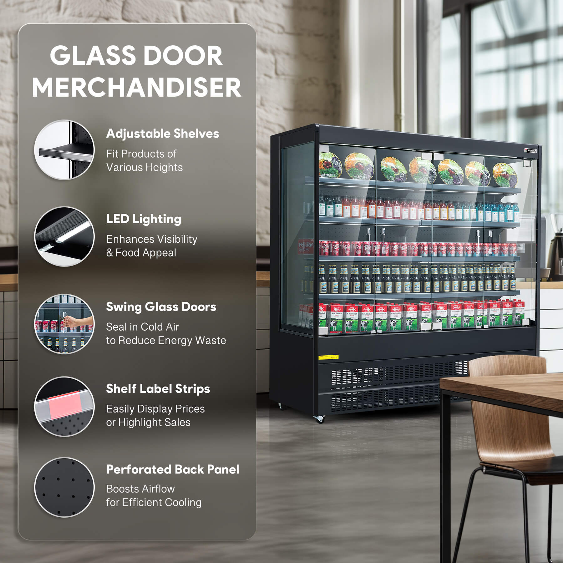 Glass door display fridge with adjustable shelves, LED lighting, swing doors, and perforated back panel for better airflow.