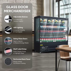 Glass door display fridge with adjustable shelves, LED lighting, swing doors, and perforated back panel for better airflow.