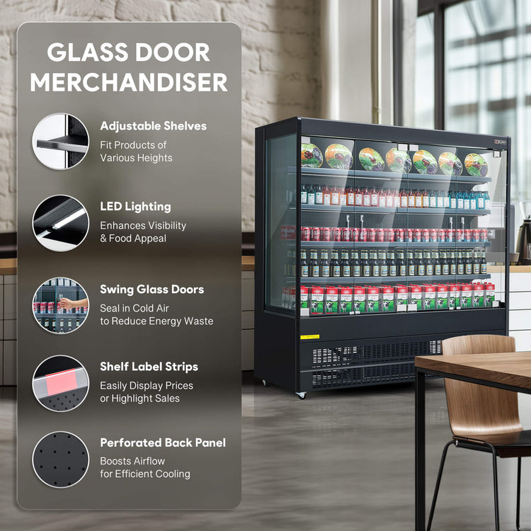 Glass door display fridge with adjustable shelves, LED lighting, swing doors, and perforated back panel for better airflow.